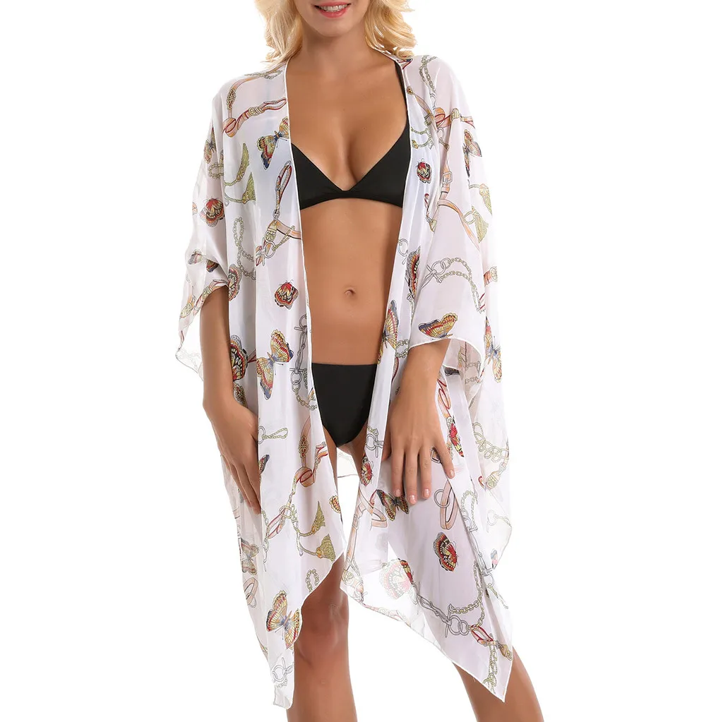 

swim cover up for women Women Summer Printed Floral Shawl Beach Cover Up Blouse Sunscreen Bikini Cover copricostume pizzo 2019