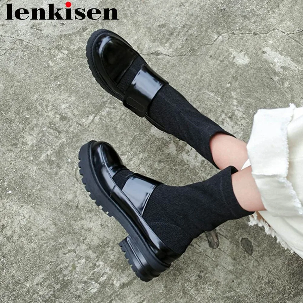 

Concise style cow leather med square heel platform personal design round toe big size stretch fabric knitting mid-calf boots L31