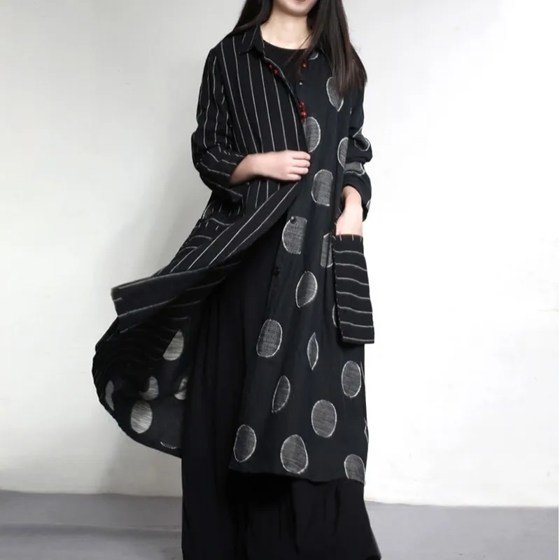 

LANMREM 2019 New Striped Polka Dots Patchwork Windbeaker Spring Korean Fashion Women Loose Black Long Sleeve Loose Coat MC001