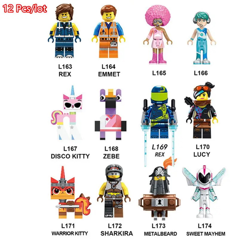 

12 Pcs Sale Emmet Wyldstyle Movie 2 Anime Mayhem Rex Melody Disco Unikitty Sharkira Metalbeard Building Blocks Kid Toys