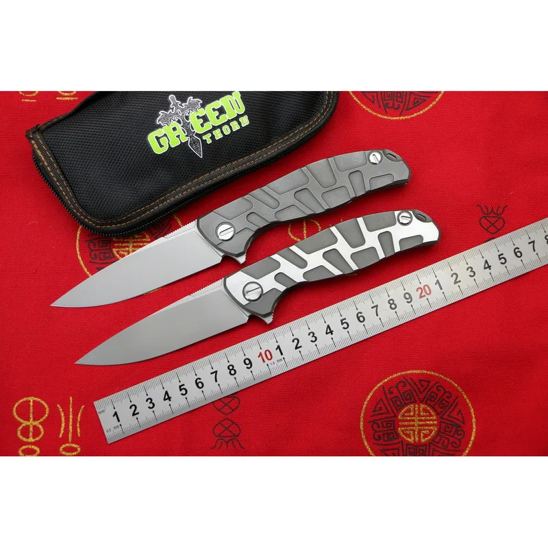 

GREEN THORN New T-Pattern F95 Flipper folding knife D2 blade Titanium handle bearing Outdoor camping hunting pocket knives