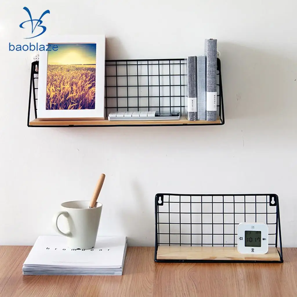 Iron Wall Hanging Storage Organizer with Pine Wood Board Plants Holder for Bedroom, Living Room, Bathroom, Kitchen, Office