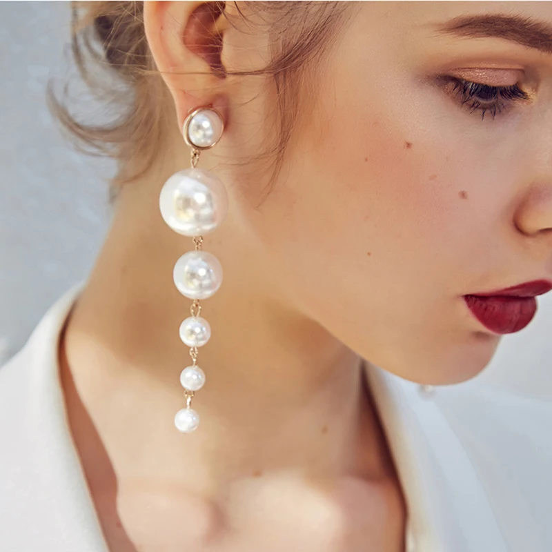 Vintage Gorgeous Statement Multiple Pearls Long Dangle Earrings Jewelry