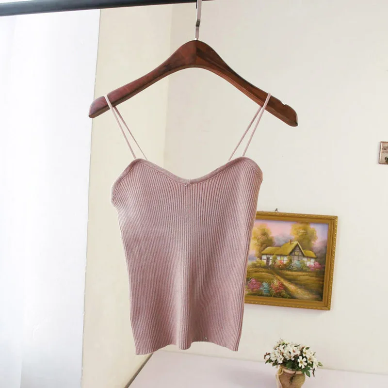 pink Летний женский топ на бретелях, однотонный вязаный обрезанный женский топ, эластичный жилет без рукавов для девочек, модные простые тонкие топы из ремешков - Цвет: pink