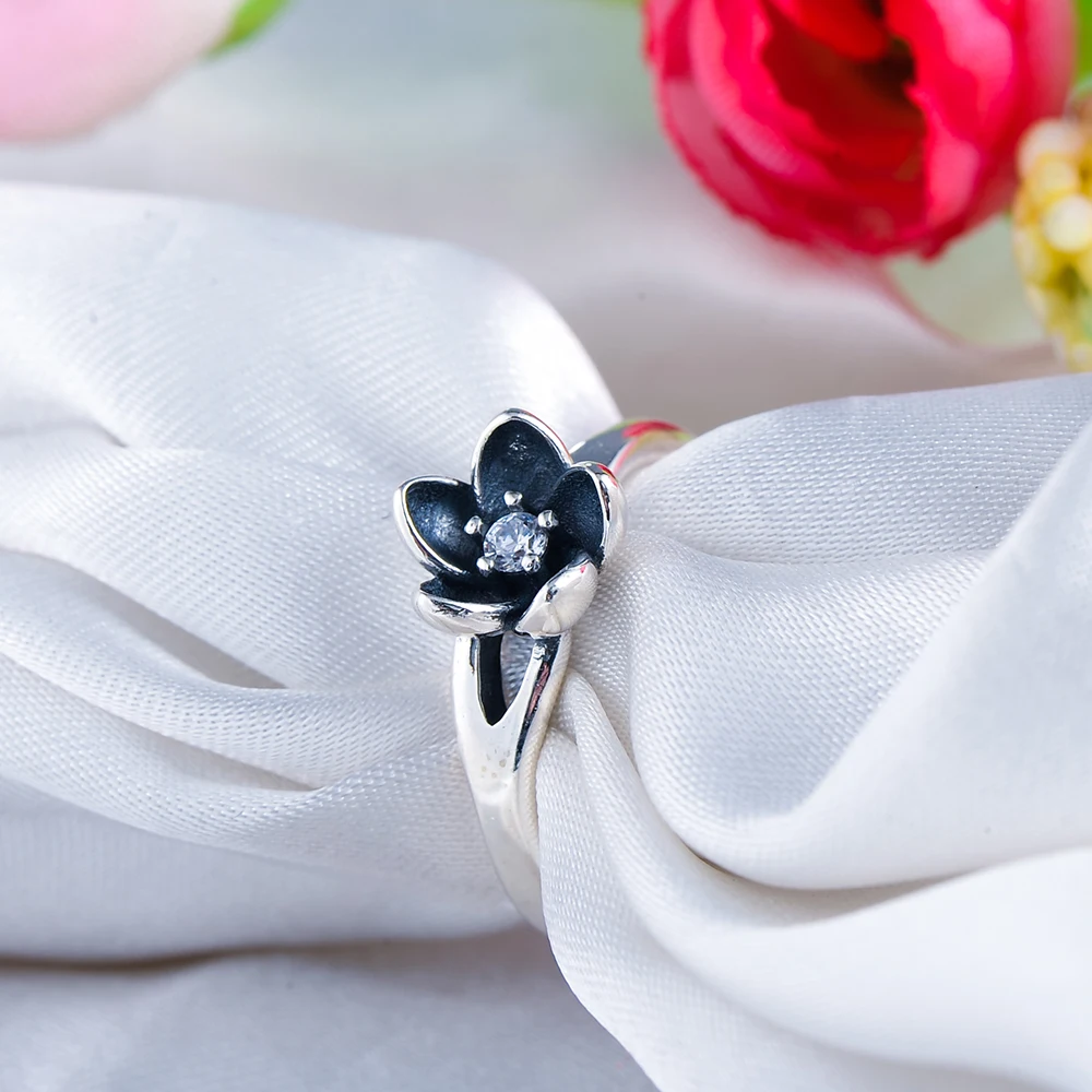 Beagloer Новинка Аутентичные кольца из стерлингового серебра 925 мистический цветочный цветок Штабелируемый кольцо CZ& Черный Эмаль Ювелирные изделия PSRI0061-B