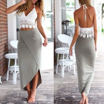 

2pcs Women Lace Strap Halter Backless Top Slit Irregular Bodycon Long Skirt Set