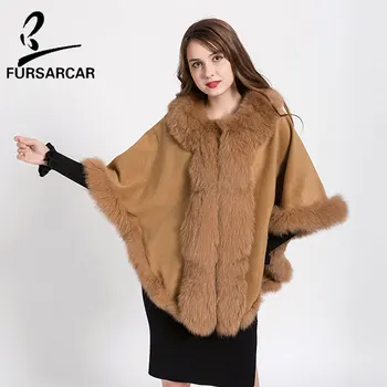 

FURSARCAR Winter Real Fur Coat Cashmere Cape Bat Sleeved Elegant Loose Style Women's Short Coats Spring And Autumn Fur Cape