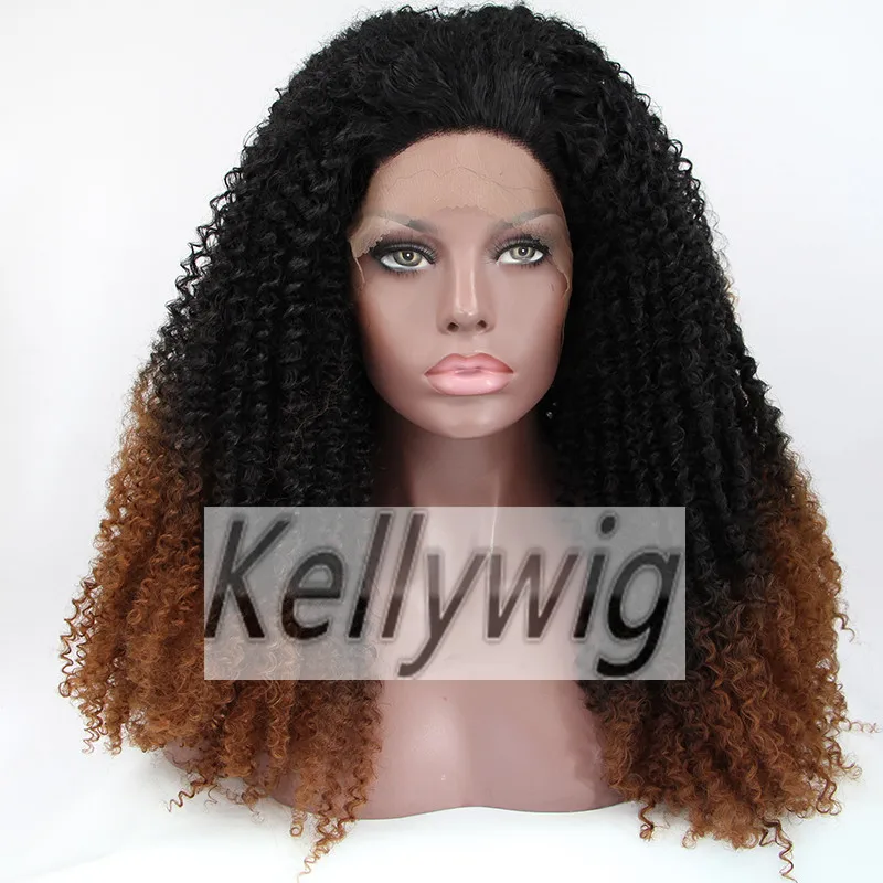 

Free Ship Length 16"-28" Glueless Lace Front Wig Heat Resistant Hair Full Wig Ombre Color 1B/30 Kinky Curly Medium Cap