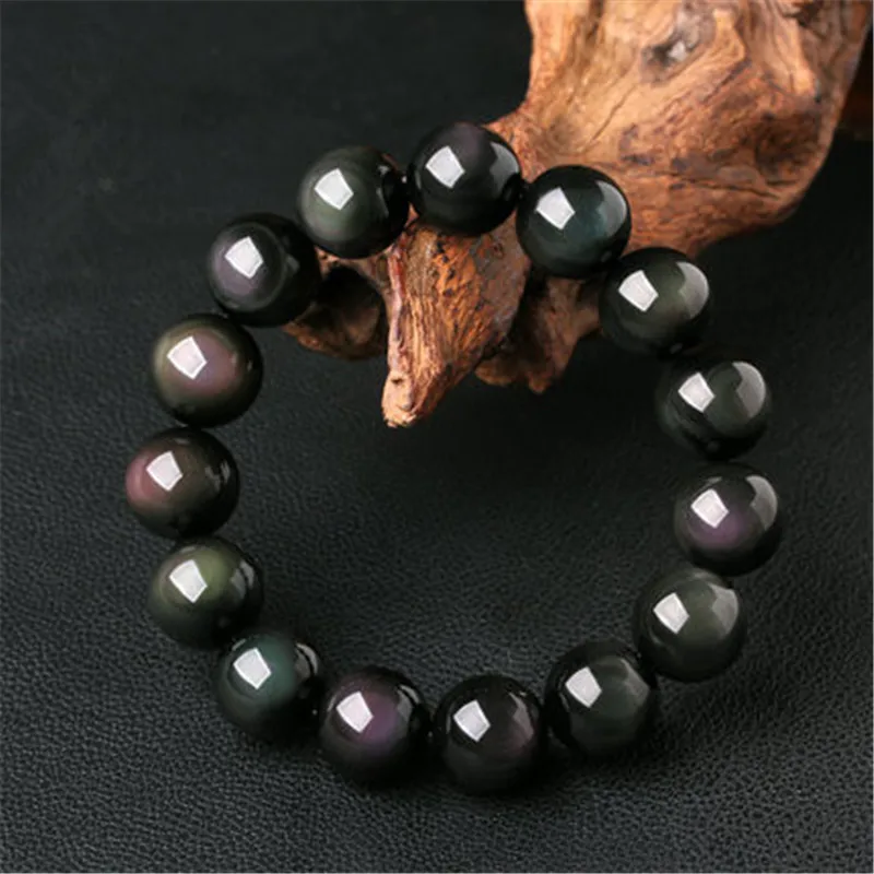 Günstige Große Natürliche Steine Schwarz Regenbogen Auge Obsidian Armband Kristall Quarz Runde Wulst Männer Frauen Armband Energie Geschenk Glück Schmuck