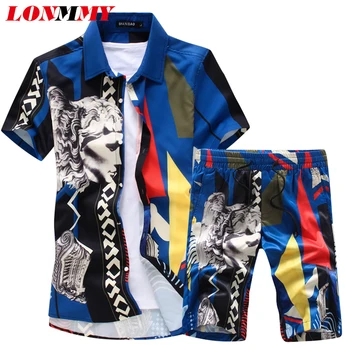 

LONMMY Flower printed Short sleeve shirts men camisa male slim Floral shirts vintage Casual Men Shirt Sets New fashion Summer