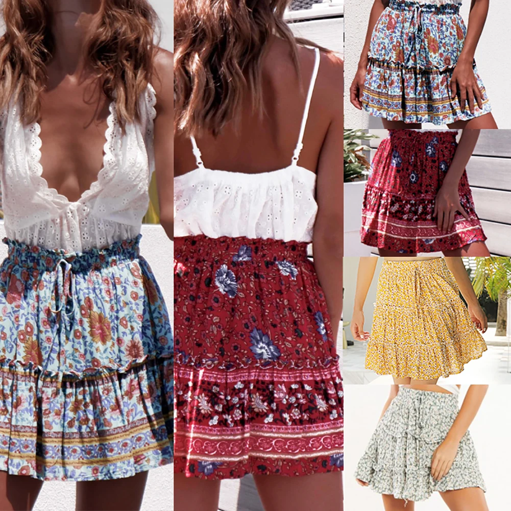 Women Skirt Bohemian Elastic High Waist Lace Up Floral Print Ruffles Short Swing Skirt Fashion Summer Beach Skirt For Women 2019