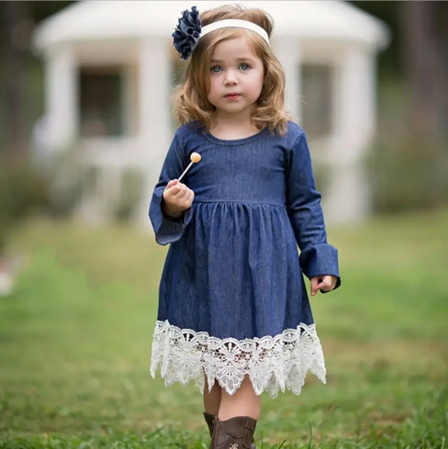 Cute Girls Dress Kids Lace Denim Dresses Clothes 2018 Summer Ruffle