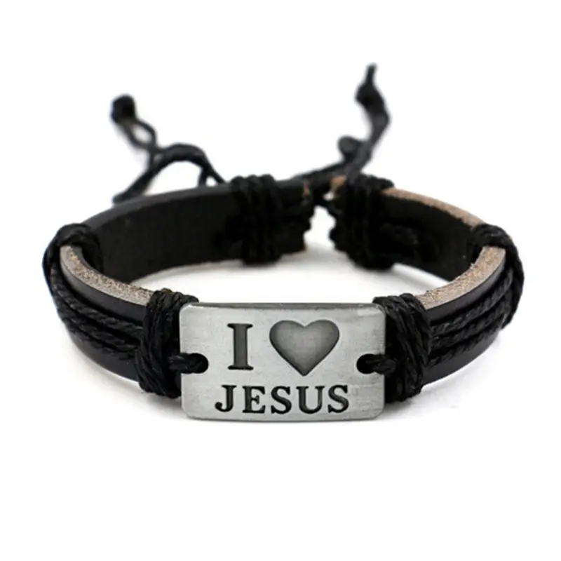 Религиозные Подарки на годовщину я люблю Иисуса, христианские сувениры, унисекс, кожаный браслет ручной работы, винтажные повседневные браслеты в стиле панк для мальчиков - Окраска металла: Black