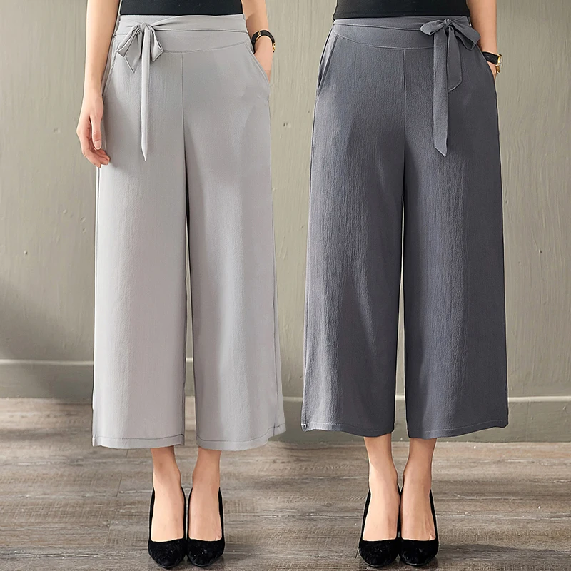 

2021 Middle Aged Women Large Size 4XL Loose Wide Leg Pants Summer New Fashion Women Chiffon Wide Leg Nine Pants