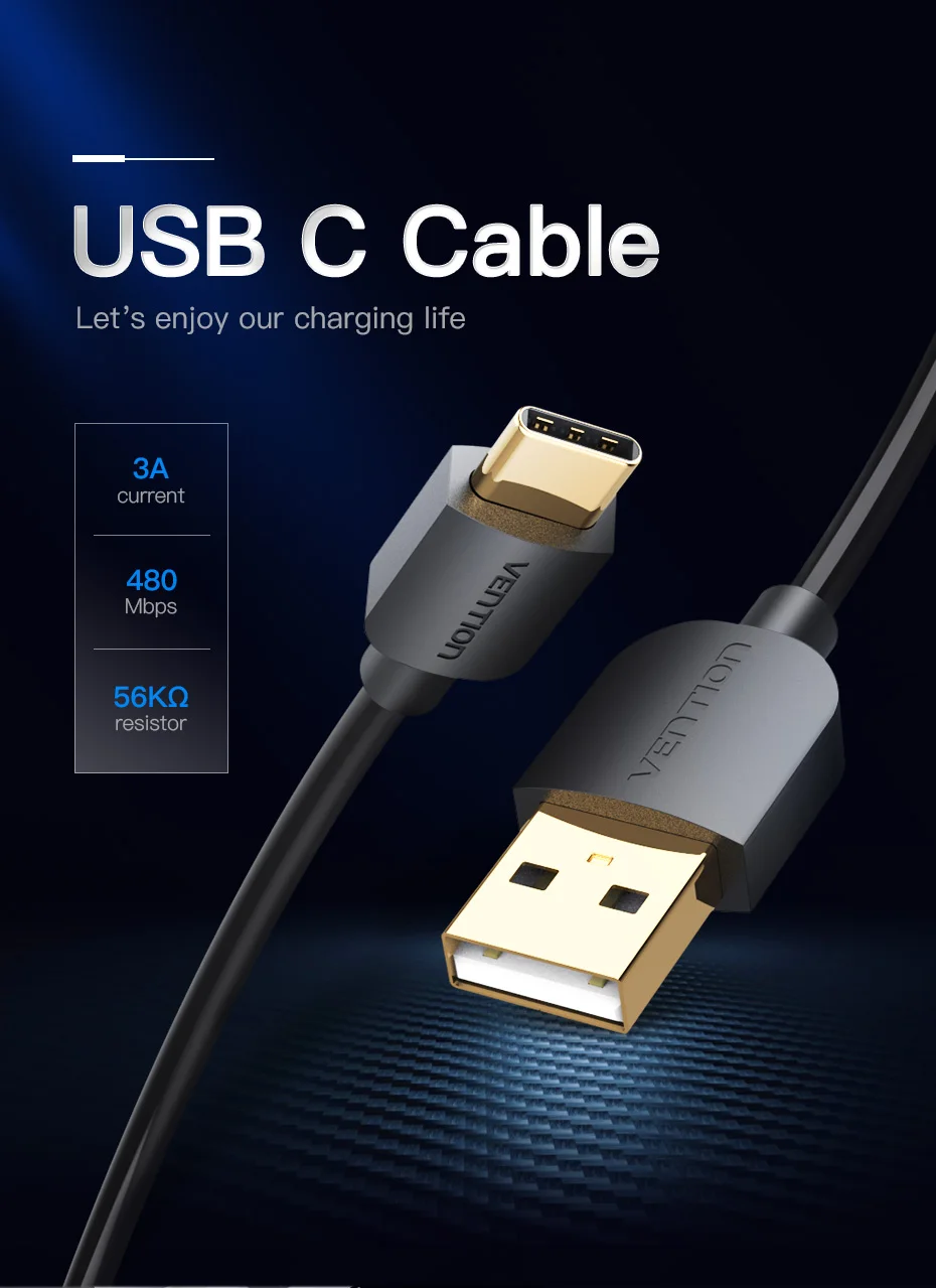 Кабель Vention type-C USB C 3A для samsung S9 S8 type-C кабель передачи данных для быстрой зарядки для Xiaomi Mi6 nintendo Switch USB C шнур