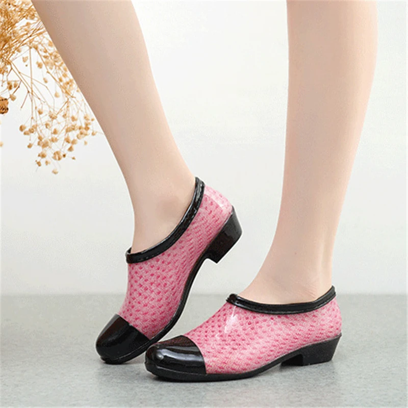 

Women Kitchen Rain Boots Ankle Chunky Heels Boots Green Blue Red Women Fashion PVC Working Boots Waterproof Female Ladies Shoes