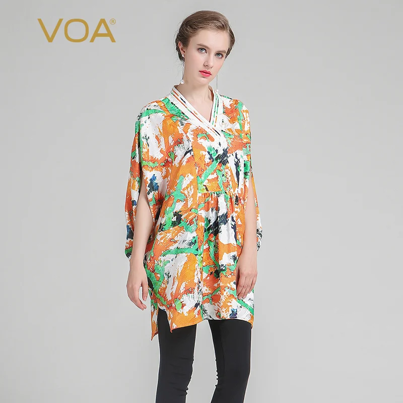 VOA 2019 Zomer Mode Zijden Kimono Korte Mouwen Afdrukken Tee Oranje Losse Plus Size V-hals Vrouwen Tops Lange T-shirt BLT00101 VOA 2019 Zomer Mode Zijden Kimono Korte Mouwen Afdrukken Tee Oranje Losse Plus Size V-hals Vrouwen Tops Lange T-shirt BLT00101