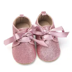 Весенняя обувь с блестками и бантом для новорожденных; обувь на шнуровке; модная нескользящая обувь для маленьких девочек; обувь для
