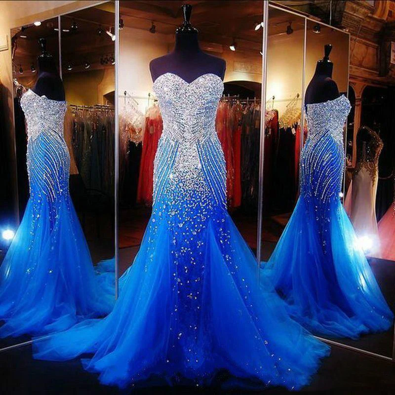 

Royal Blue Mermaid Prom Dress Long Real Sample Sweetheart Neck Heavy Beaded Handwork Lace-Up Back Prom Dresses 2020