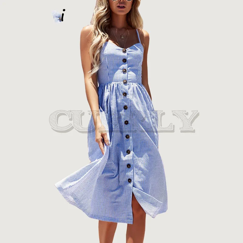 

Cuerly Striped button sexy casual summer strap dress Long boho beach pockets women sundress vestidos Elegant daily dess femaleL5