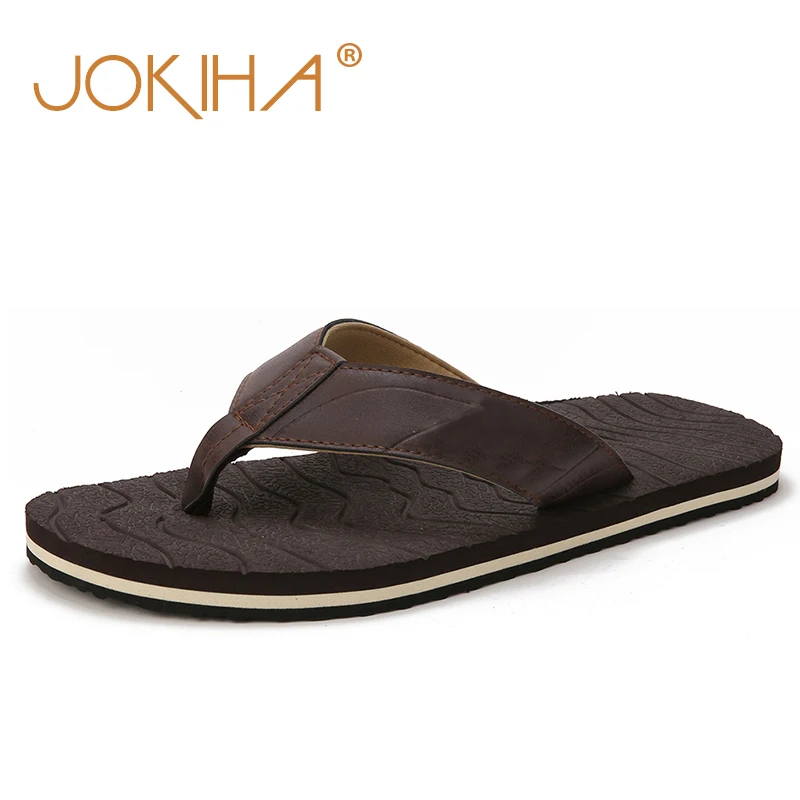 

JOKIHA 2019 New Genuine Leather Mens Flip Flops Black Beach Men's Summer Leather Slippers Plus Size Male Casual Flips Flops Man