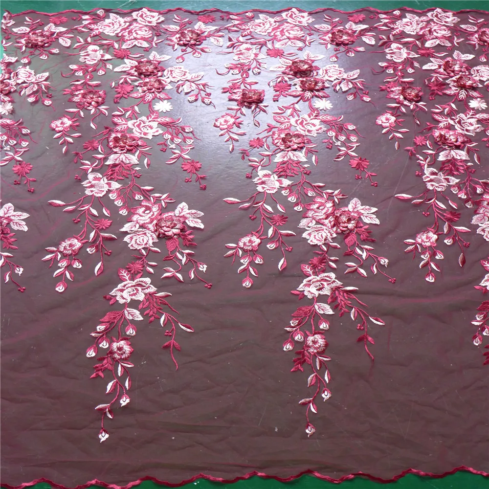 Роскошные 3D цветок сетки кружевной ткани с жемчугом бисером цвет красного вина для вечерние платья, шторы 1 ярд