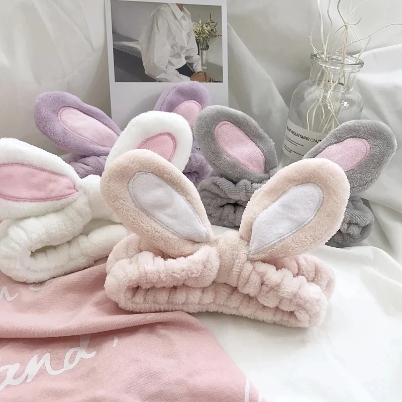 

Women Cute Rabbit Ears Elastic Hair Bands For Girls Soft Washing Face Facial Mask makeup headband Wide Velvet Hair Accessories
