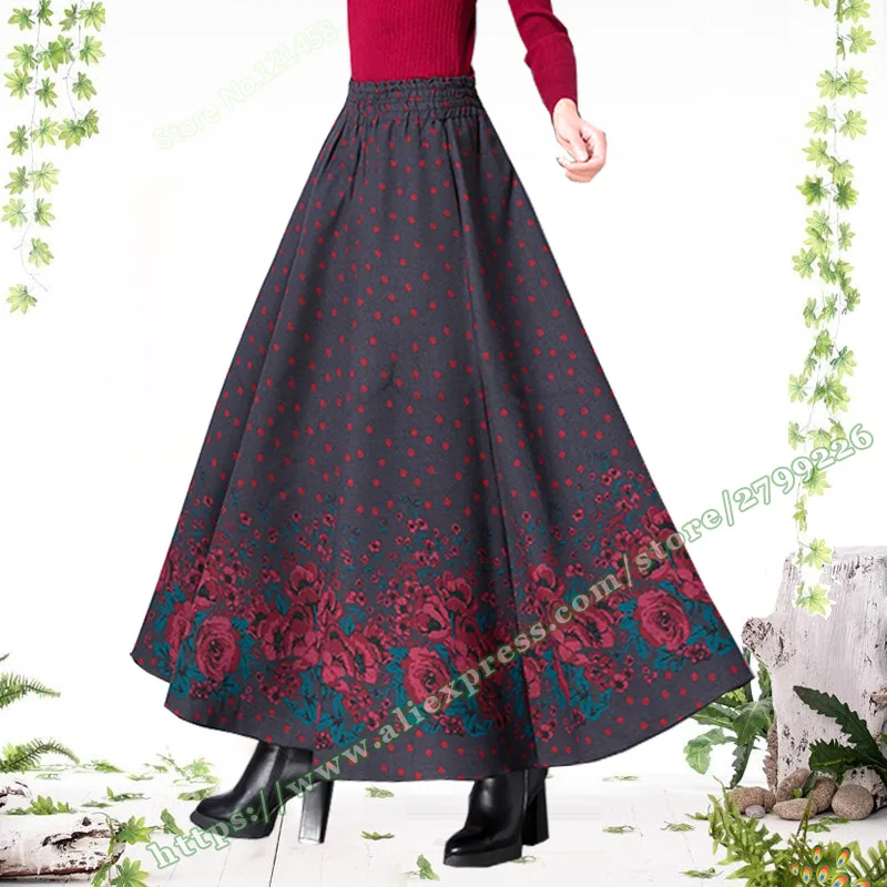 2018 Plus Size 6xl Herfst Winter Retro Vintage Polka Dot grote Bloem Wollen Bloemen Vrouwelijke Lange Maxi Rokken Vrouwen Kleding