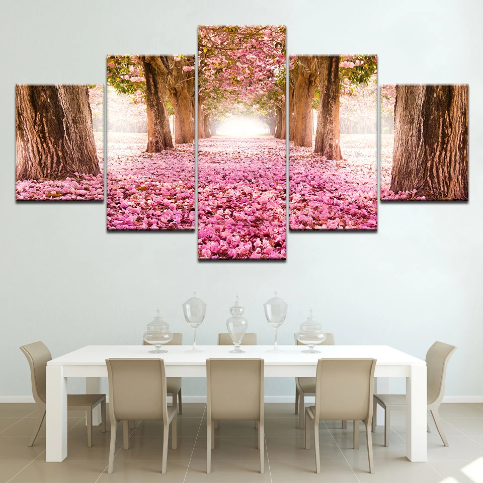 

HD Prints living room Home Decor Wall Art romantic forest landscape Pictures 5 Pieces Pink Flowers Sea Canvas Paintings Posters