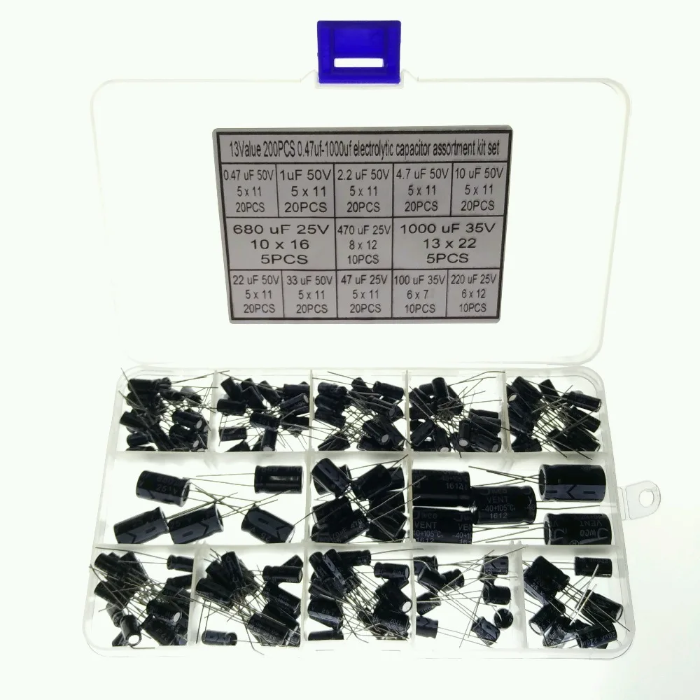 

13 Values 200pcs ( 0.47uF~1000uF ) 1uF 2.2uF 4.7uF 10uF 22uF 33uF 50V 47uF 220uF 470uF 25V Electrolytic Capacitors Assorted Kit