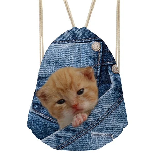 Noisydesigns Denim Pocket Cat Cute Women Travel Backpack Faye Bag Small Beach Drawstring for Teenager rucksack Bags | Багаж и сумки