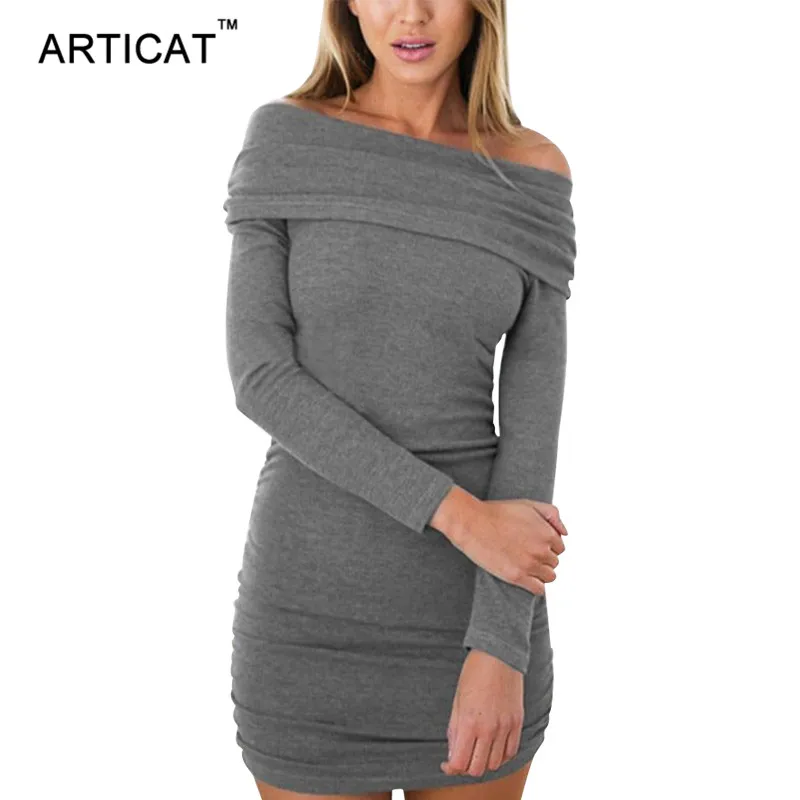 

Articat Sexy Off Shoulder Knitted Sweater Dress Women Elegant Long Sleeve Slim Pullover Dress Autumn Winter Warm Bodycon Dress