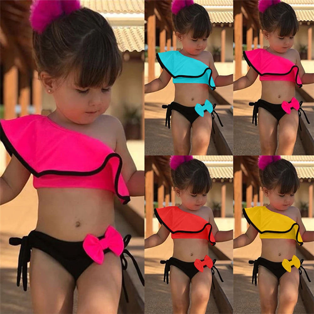 

Kids lovely Bikini Set Ruffle Bow Girl Two-Piece Swimsuit Cute Candy Color Off Shoulder Bathing Suit Summer Baby Girls Beachwear