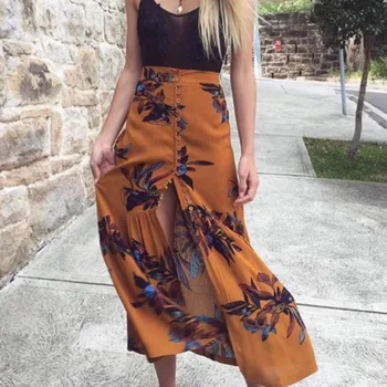 

Women Summer Bohe Floral Printed High Waist Long Skirt New Beach 2017