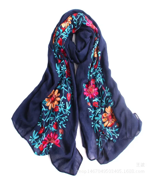 ZFQHJJ, женский шарф с вышивкой, хлопковый, льняной, Цветочный, мусульманский, хиджаб, шарф, большой, Пашмина, шаль, Индия, непальский тюрбан, головные уборы, 180x90 см - Цвет: navy blue