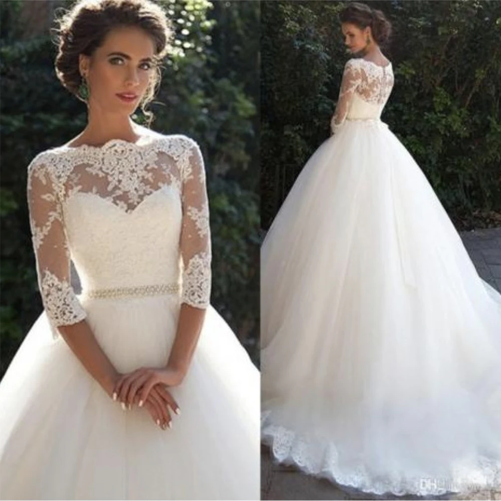 

Fansmile 2019 Vestido De Noiva Three Quarter Sleeve Ball Wedding Dresses Train Customized Vintage Bridal Tulle Mariage FSM-638T