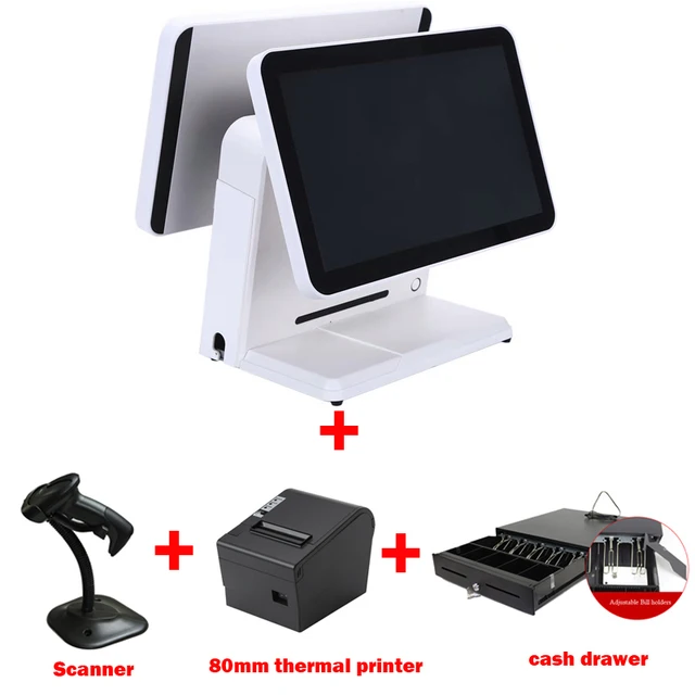 Cheap 15 inch dual touch screen all in one cash register machine sell with 80mm thermal printer cash drawer and barcode scanner