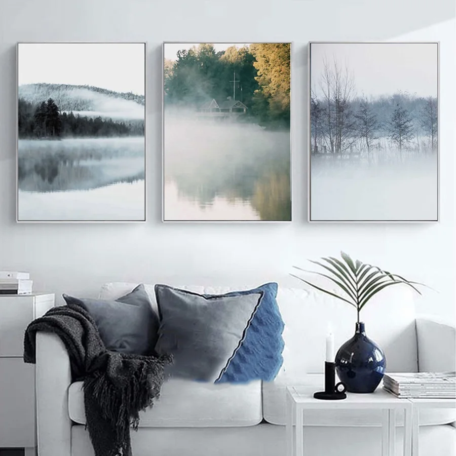 

Modern Nordic Canvas Landscape Painting Lake Forest And Wooden House Posters Wall Pictures For Living Room Art Prints Decoration