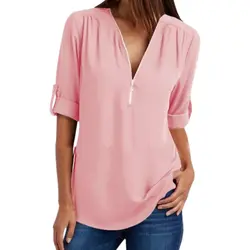 Летние шифоновые блузки рубашки с длинным рукавом сексуальные v-образный вырез на молнии Blusas Однотонный женский топ плюс размер рубашки 3XL