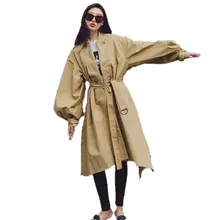Демисезонный Для женщин Тренч с пышными рукавами свободные Повседневное длинное однотонное Цвет с поясом карман ветровки H137