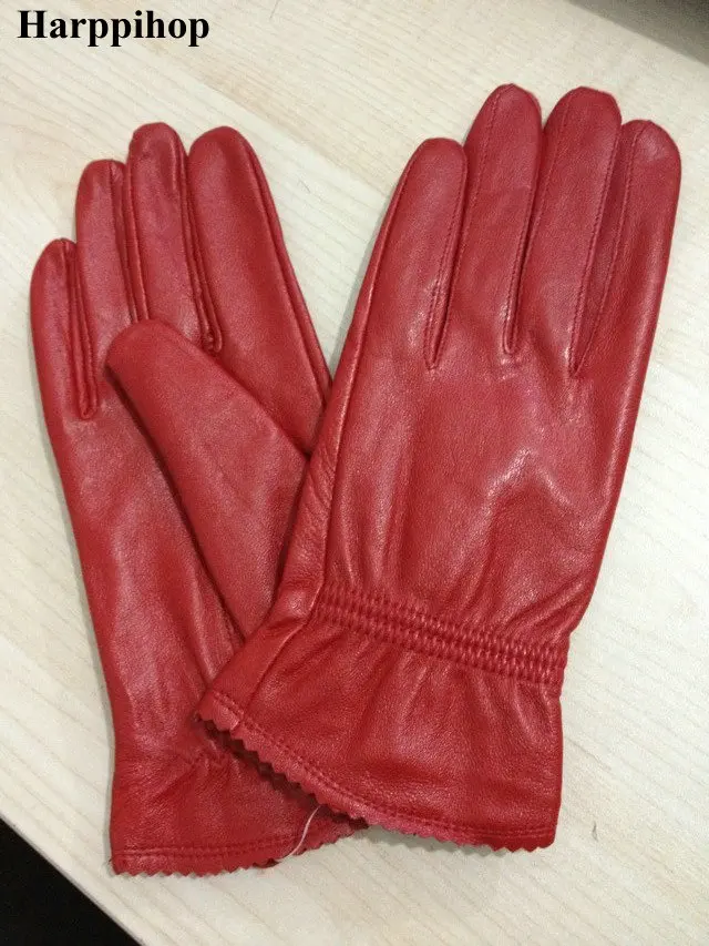 

2019 women's genuine leather gloves red sheepskin gloves autumn and winter fashion female windproof gloves
