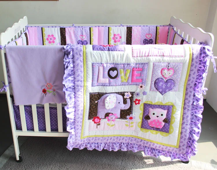 7 Pieces Baby Bedding Set Purple Embroidery Elephant Owl 7 Pieces Baby Bedding Set Purple Embroidery Elephant Owl Crib 100