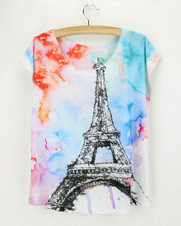 graffiti wall scrawl eiffel tower black women clothing tops new arrival polyester good quality tie dye tshirts | Женская одежда