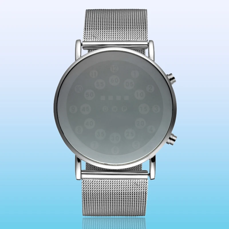 Специальный дизайн синий круглый циферблат светодиодный часы для мужчин серебро Нержавеющая сталь сетка ремешок цифровые спортивные часы для мальчиков подарок