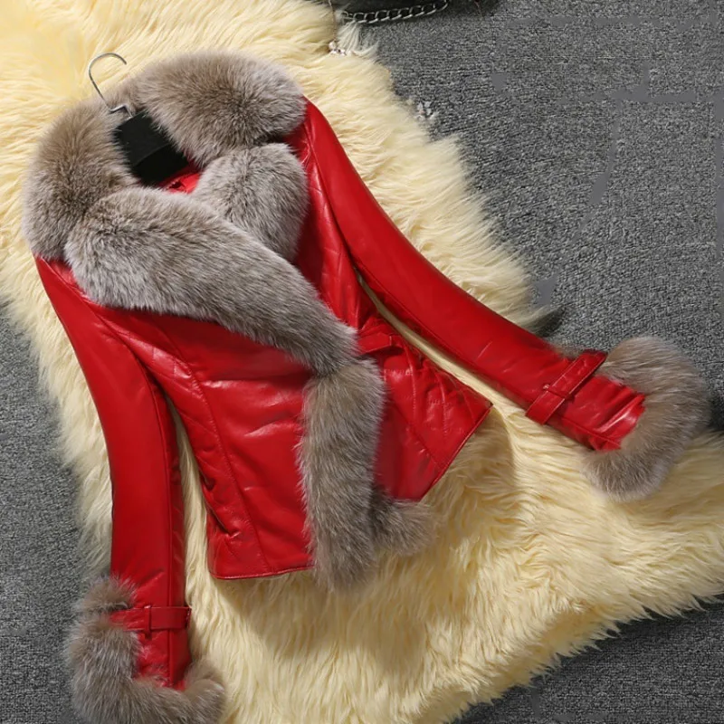 

Voceelinda 2019 Winter Women Slim PU Leather Short Trench Coat Fox Fur Collar Thickened Leather Female Coat