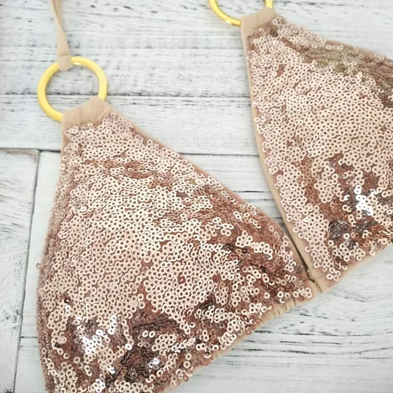 Sexy Bikinis Sequins Golden Color Women Bandage Bikini Set Push-up Padded Bra Swimsuit Suit Swimwear 2025 2570