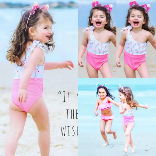 

Cute Baby Kid Girl's Flamingos One Shoulder Bikini Set Toddler Swimwear Swimsuit USXN