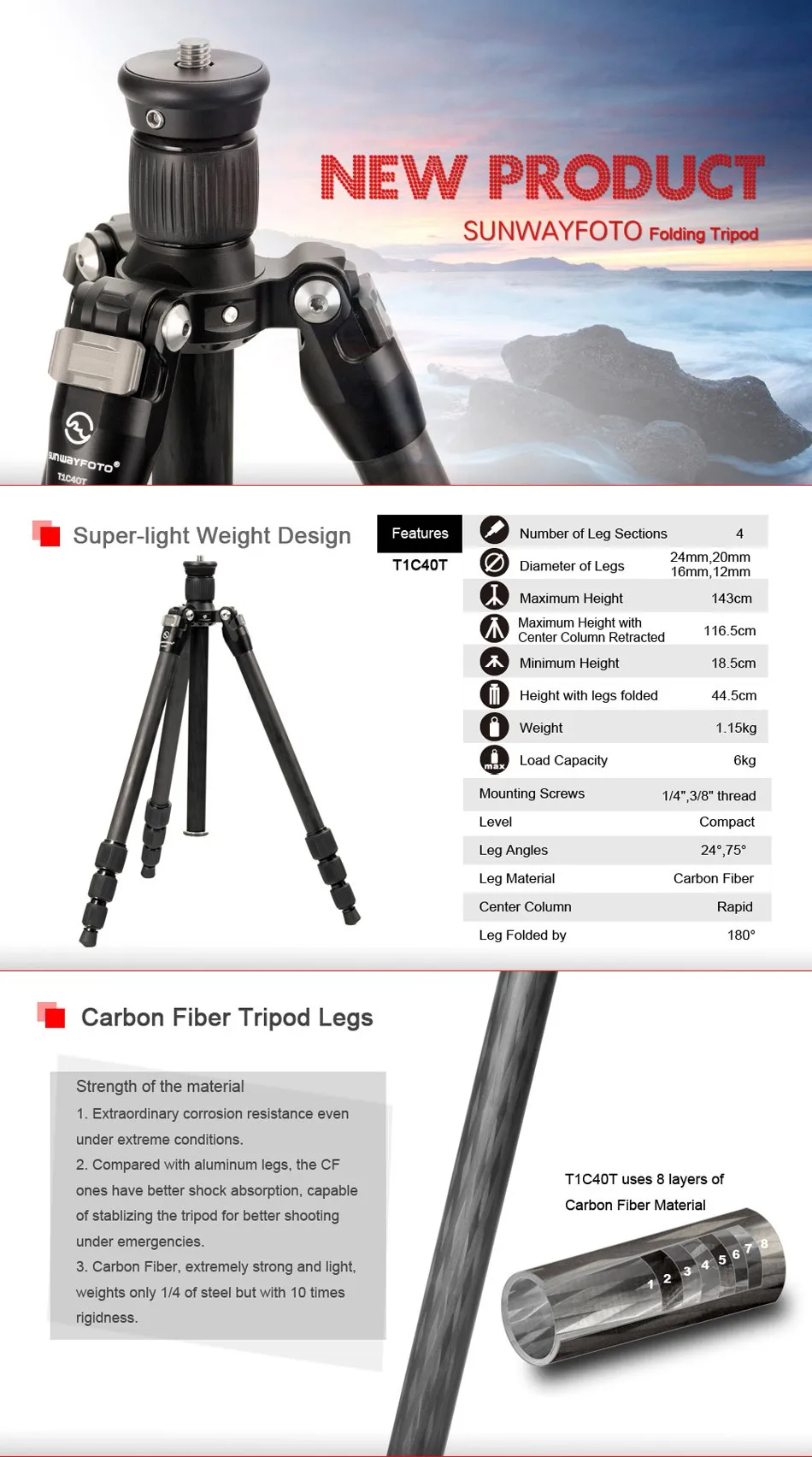 SUNWAYFOTO T1C40T Профессиональный штатив для камеры из углеродного волокна для Dslr, супер светильник для путешествий