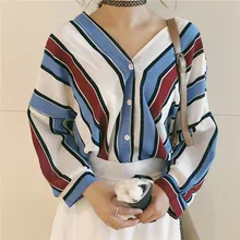 Autumn Summer Casual Women Shirts Three Quarter Sleeve Loose Striped V-Neck Korea Blouse Shirt Blue Red Yellow And Green 1186