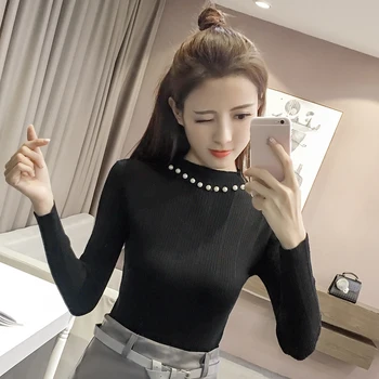 

sweater women spring autumn winter 2017 feminina thin pullover fashion black white cute new beads knit sweaters female A4570